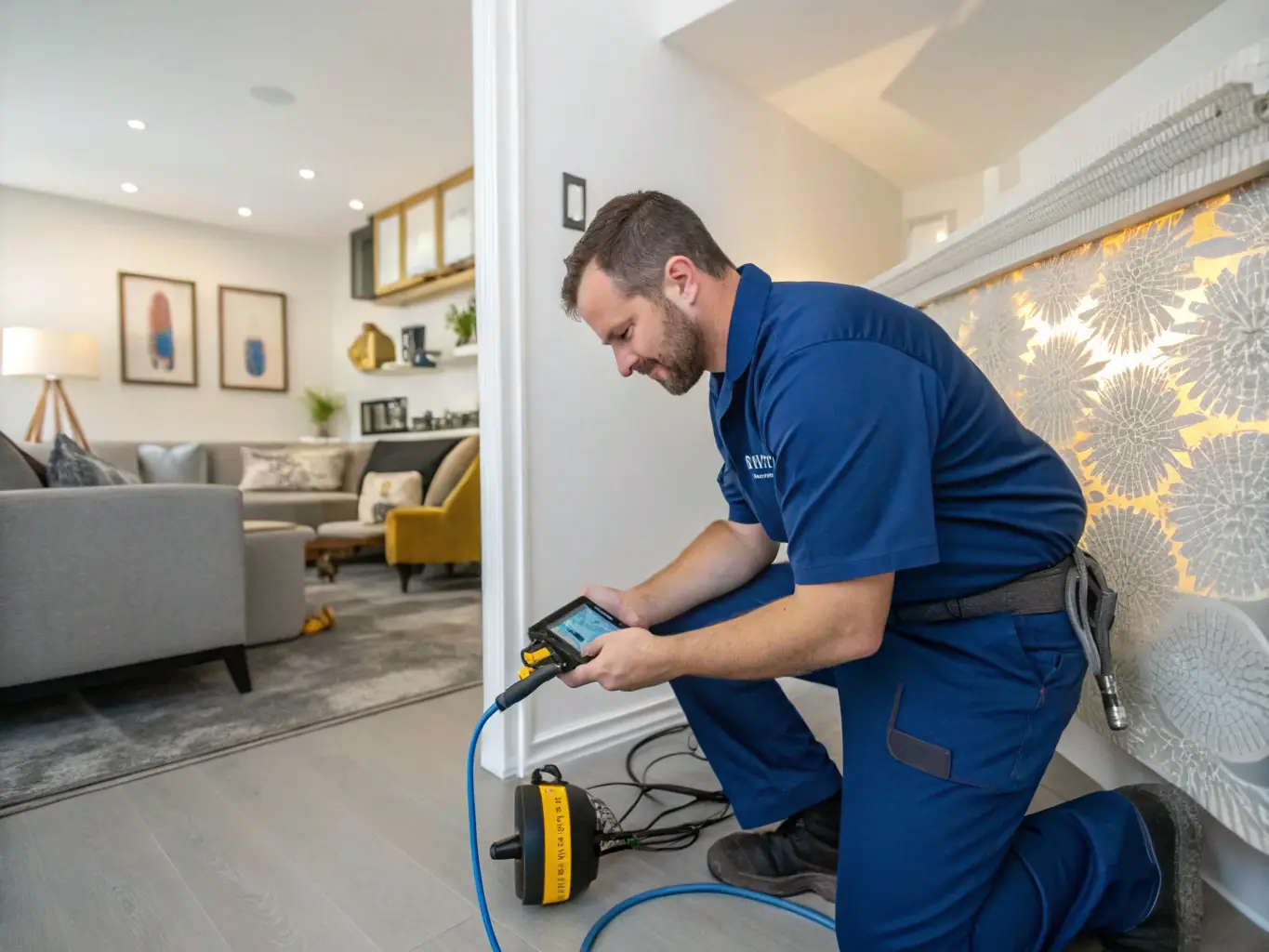 A plumber using a leak detection device to find a hidden water leak in a residential home, with water droplets visible around a pipe joint.