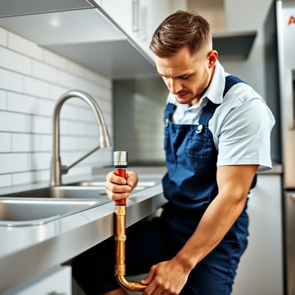 Plumber working on pipe installation in modern kitchen, demonstrating full re-piping services for improved plumbing efficiency and water quality.