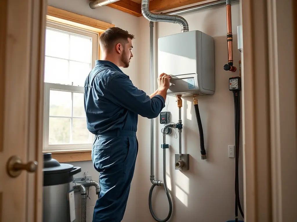 A newly installed, energy-efficient water heater in a residential home, with a plumber making final adjustments.