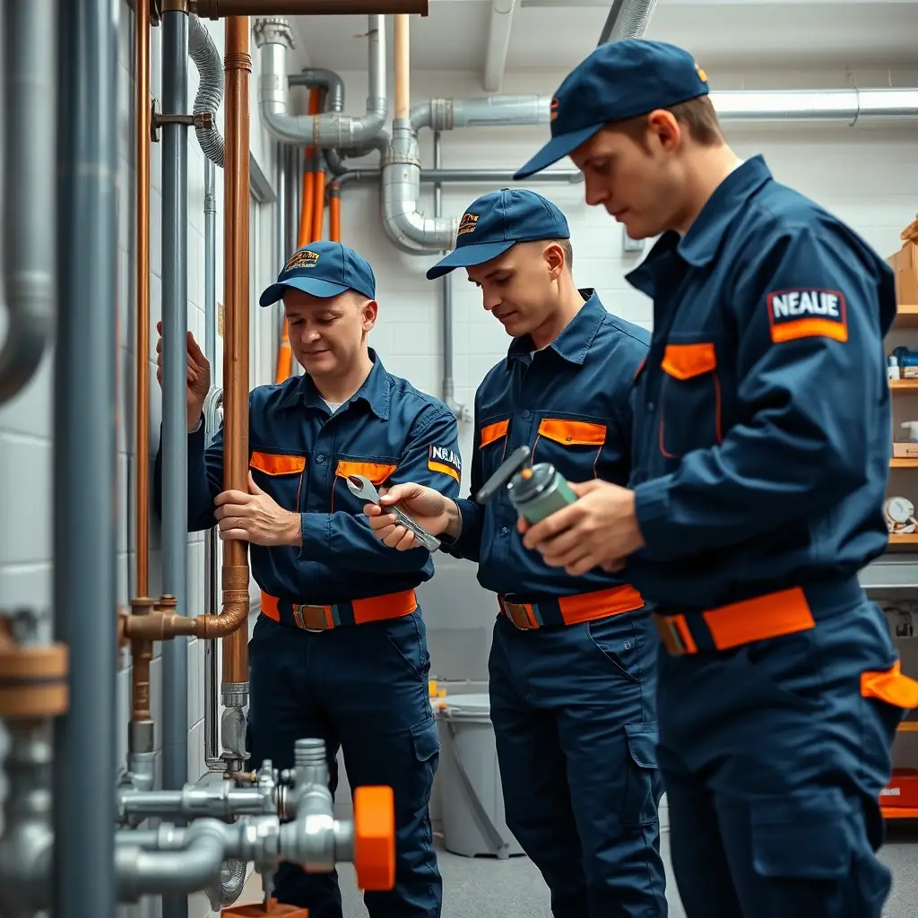 Three professional plumbers in blue uniforms inspecting plumbing pipes and fittings, demonstrating expertise in plumbing services.