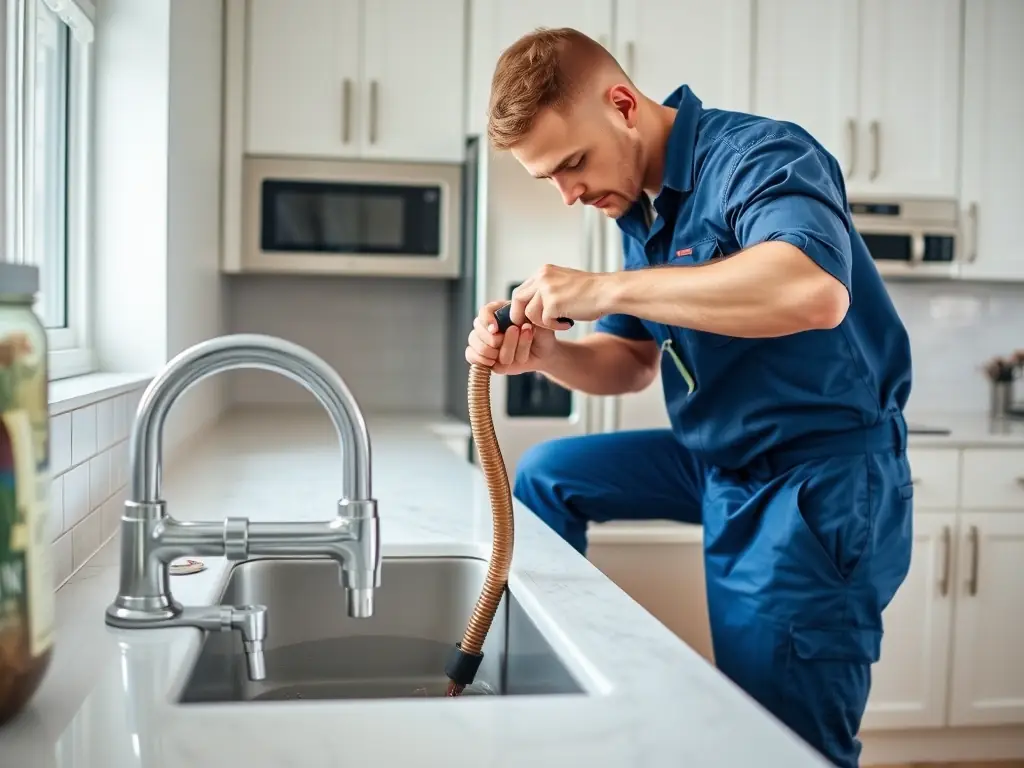 A plumber using a drain snake to clear a clogged drain in a kitchen sink, with visible debris being removed.
