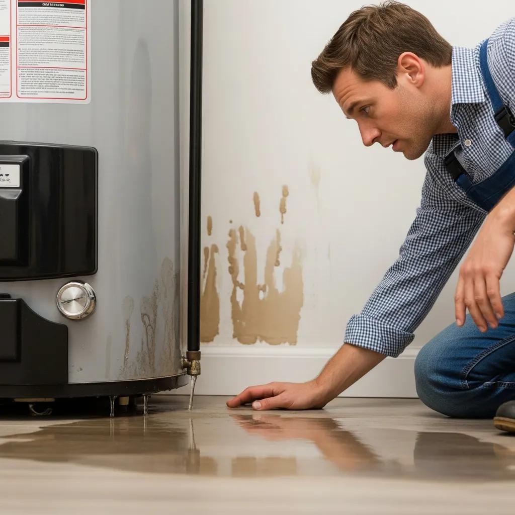Leaking water heater with puddles and damp marks — signs to address now