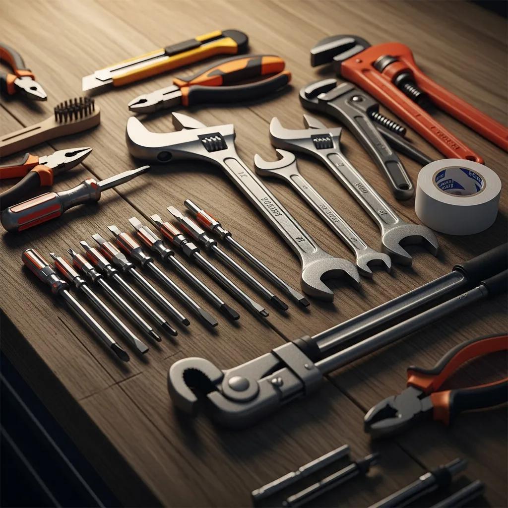 Basic faucet repair tools: screwdrivers, wrenches and tape