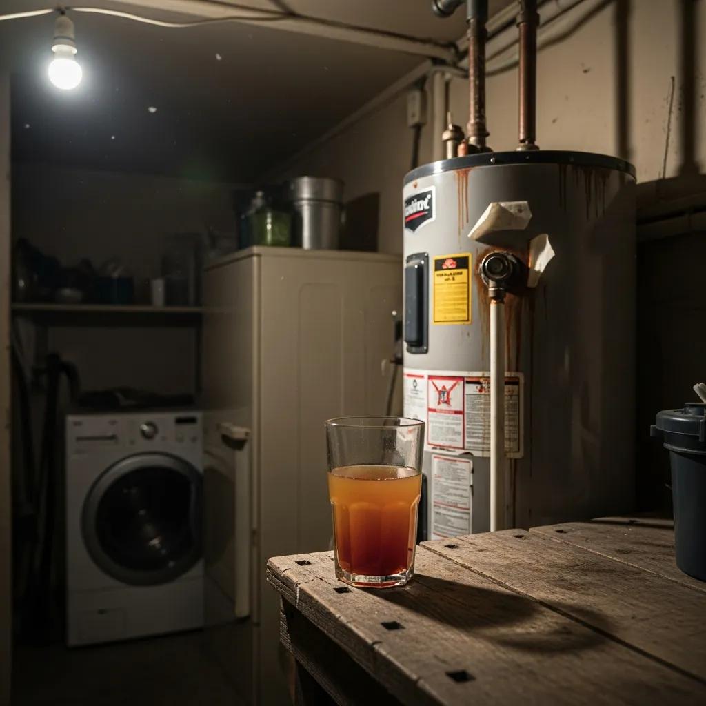 Glass with rusty water beside a water heater — signs of tank corrosion