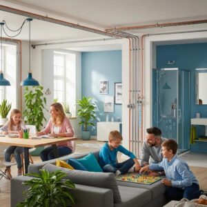 Home plumbing system with family, emphasizing leak prevention and safety