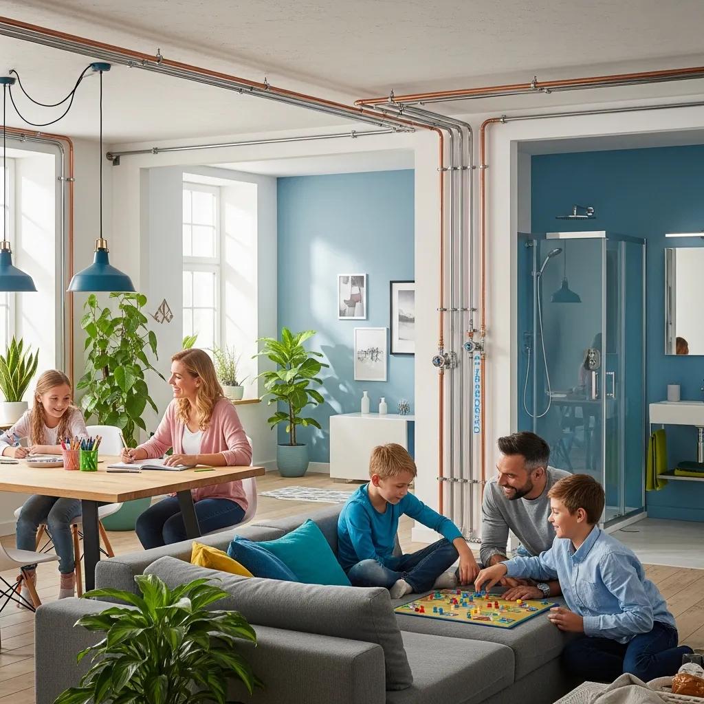 Home plumbing system with family, emphasizing leak prevention and safety