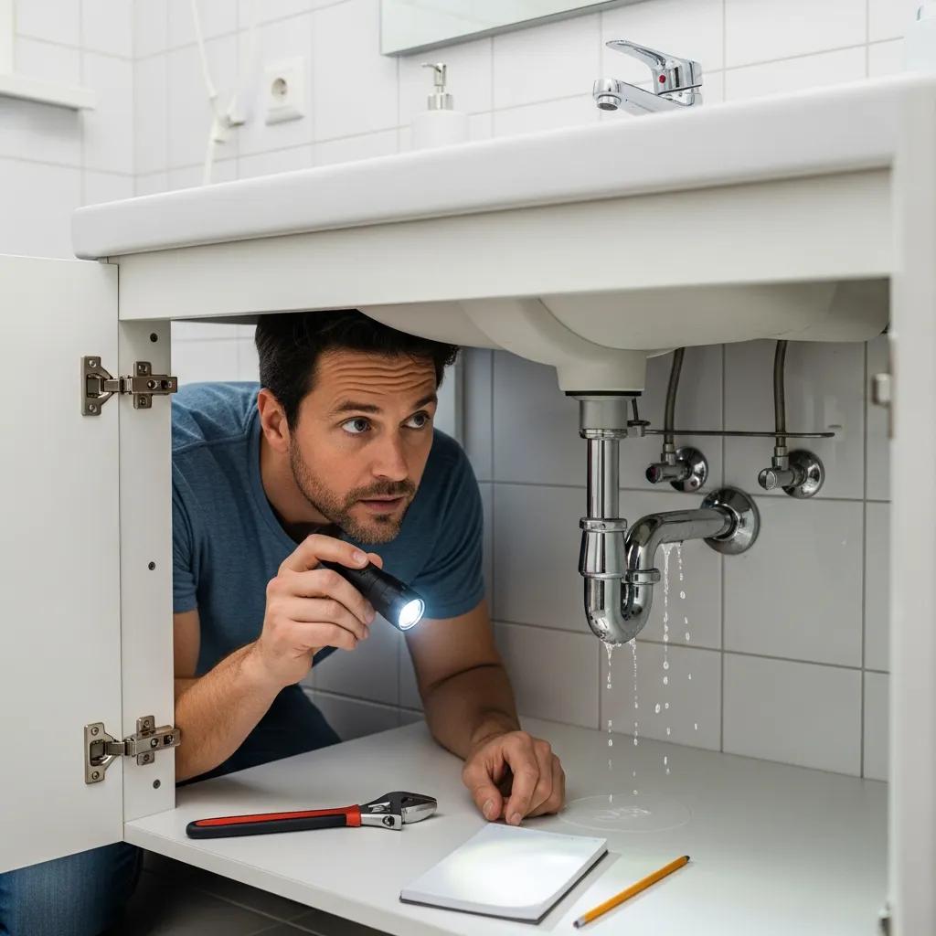 Homeowner checking a faucet with a flashlight for leaks