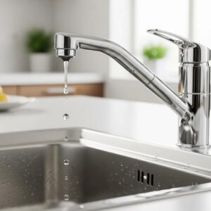 Leaky kitchen faucet with water dripping, highlighting the need for repair