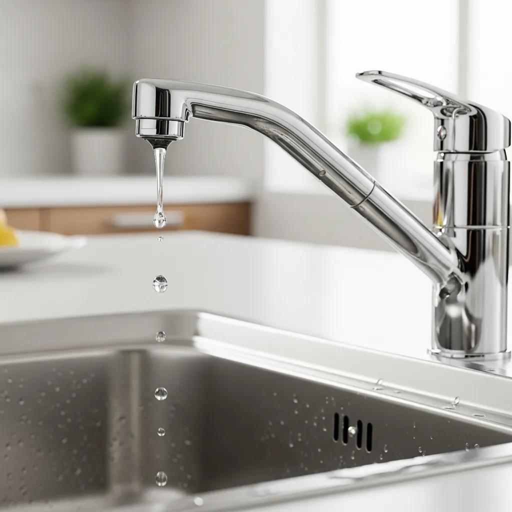 Leaky kitchen faucet with water dripping, highlighting the need for repair