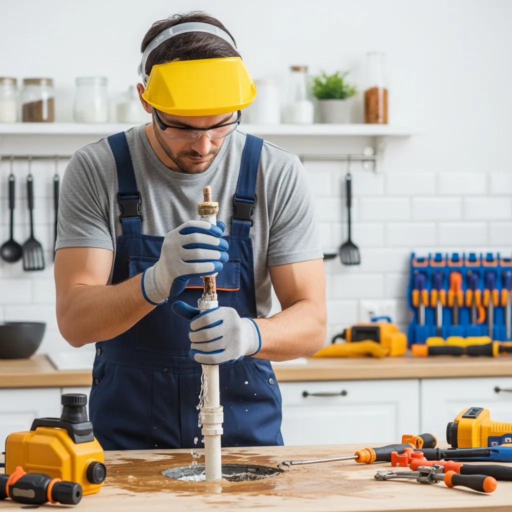 Professional plumber repairing a burst pipe in a residential kitchen, highlighting emergency plumbing services