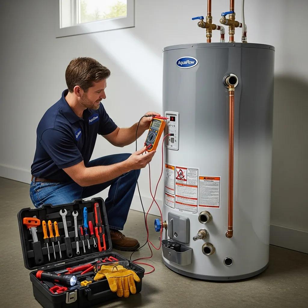 Technician inspecting a water heater during an emergency service call
