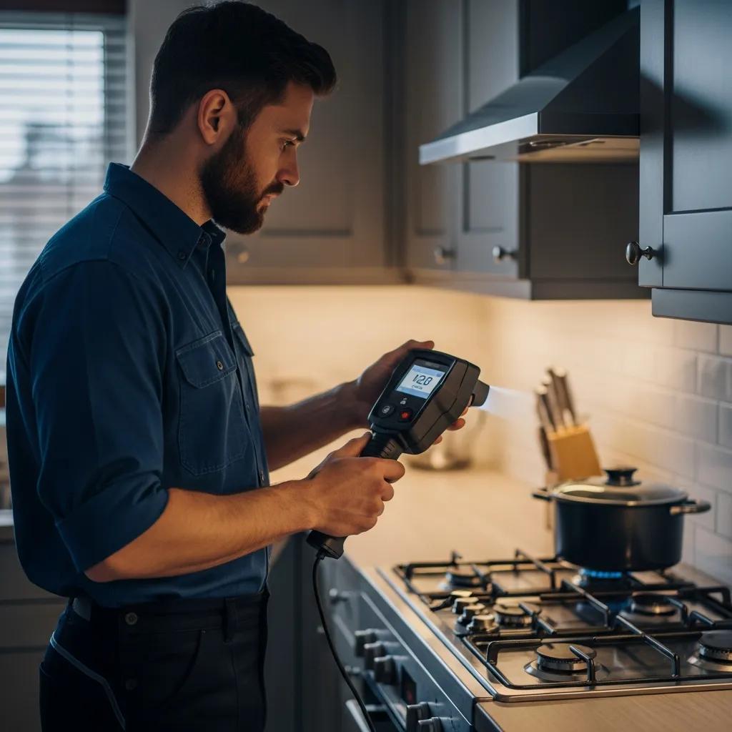 Technician checking for a gas leak in a kitchen