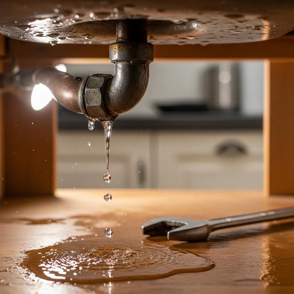 Close-up of a water leak under a sink, highlighting plumbing issues and potential home damage