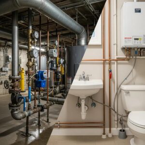 Comparison of commercial and residential plumbing systems highlighting key differences
