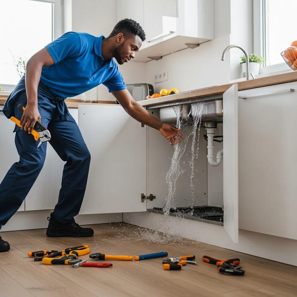 Emergency plumber addressing a water leak under a sink in a modern kitchen