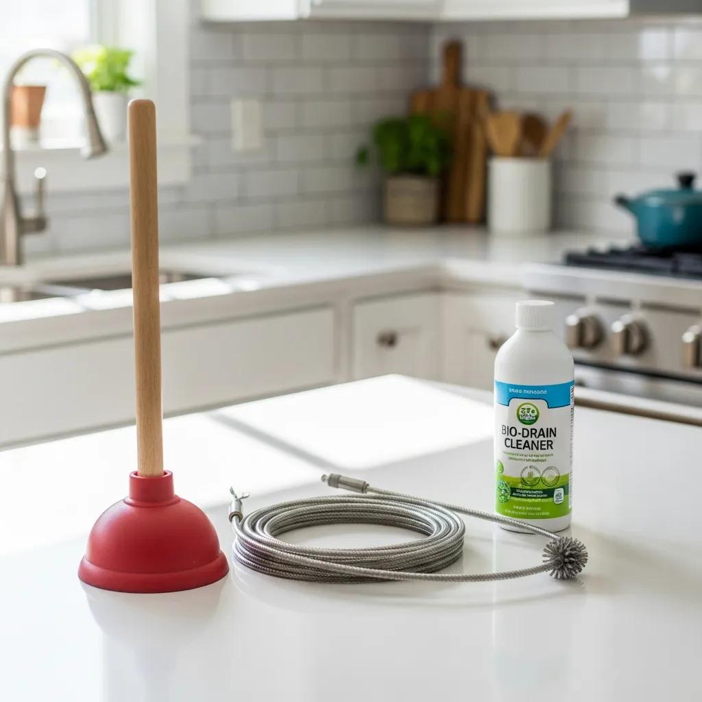 Essential DIY drain cleaning tools including a plunger and drain snake