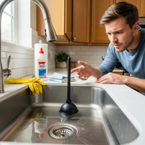 Homeowner inspecting a clogged kitchen drain with cleaning supplies