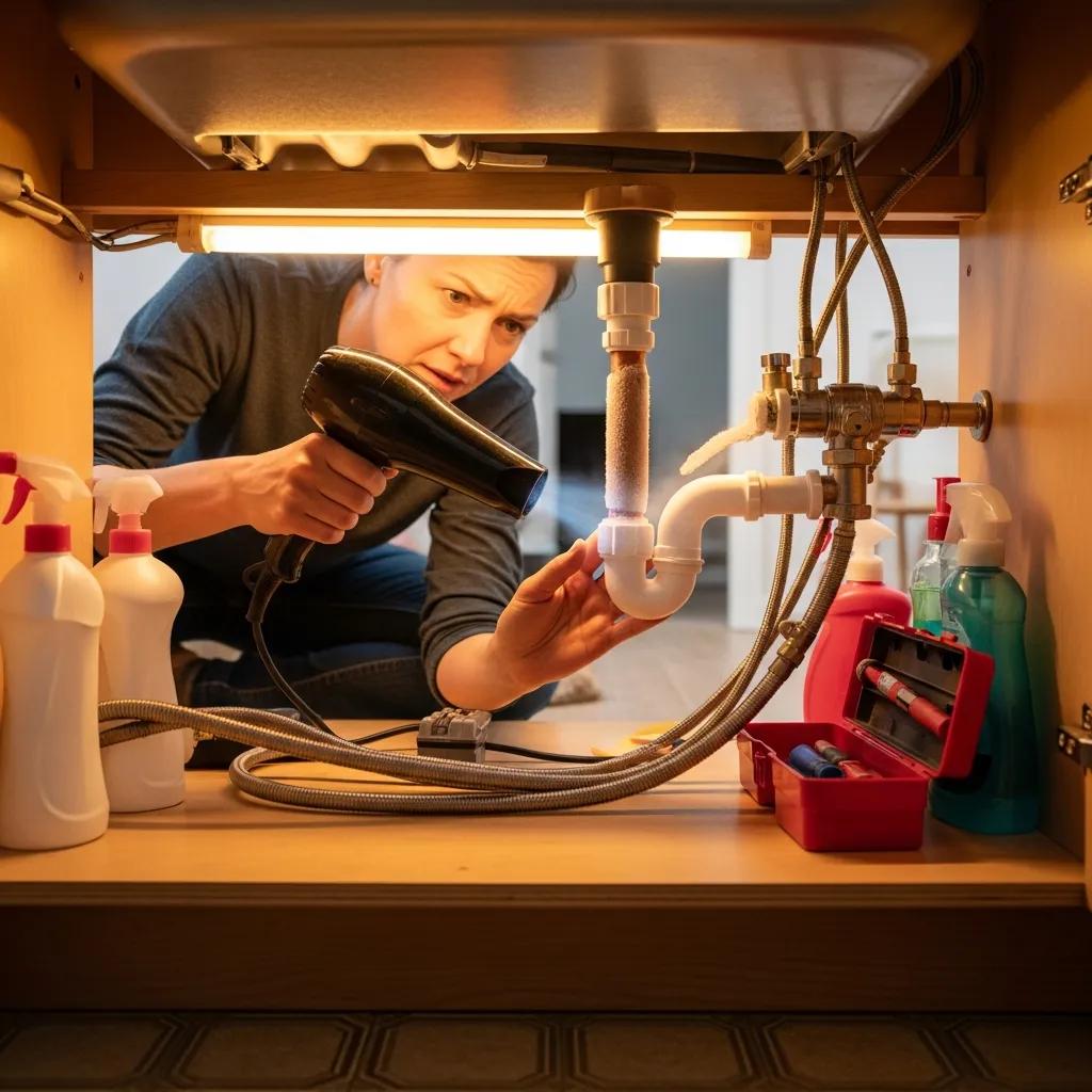 Homeowner thawing a frozen pipe with a hairdryer in a kitchen