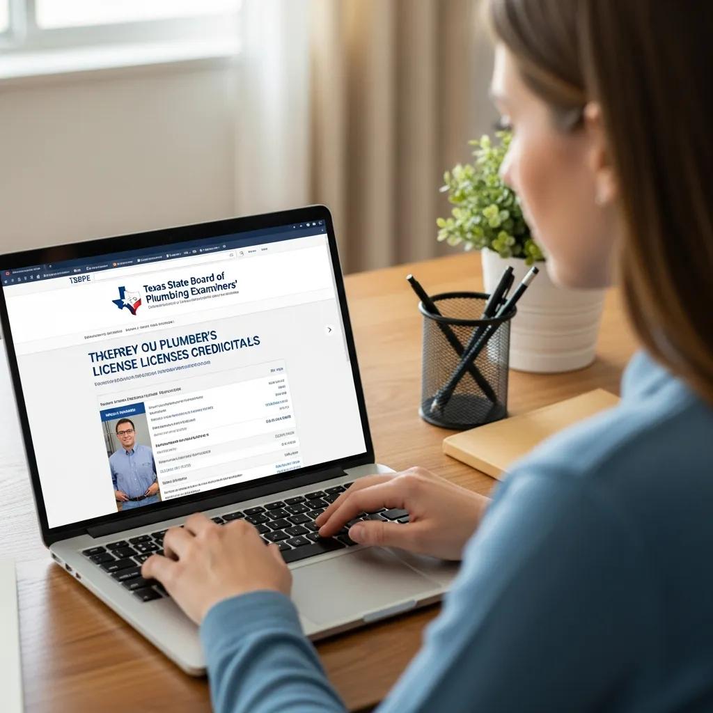 Homeowner verifying plumber's credentials on a laptop in a cozy home office