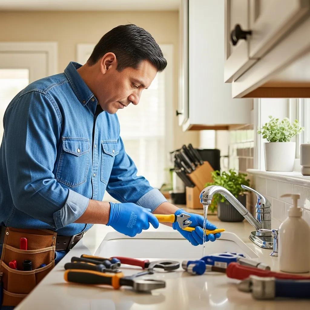 Licensed plumber working on a sink installation in a cozy College Station kitchen