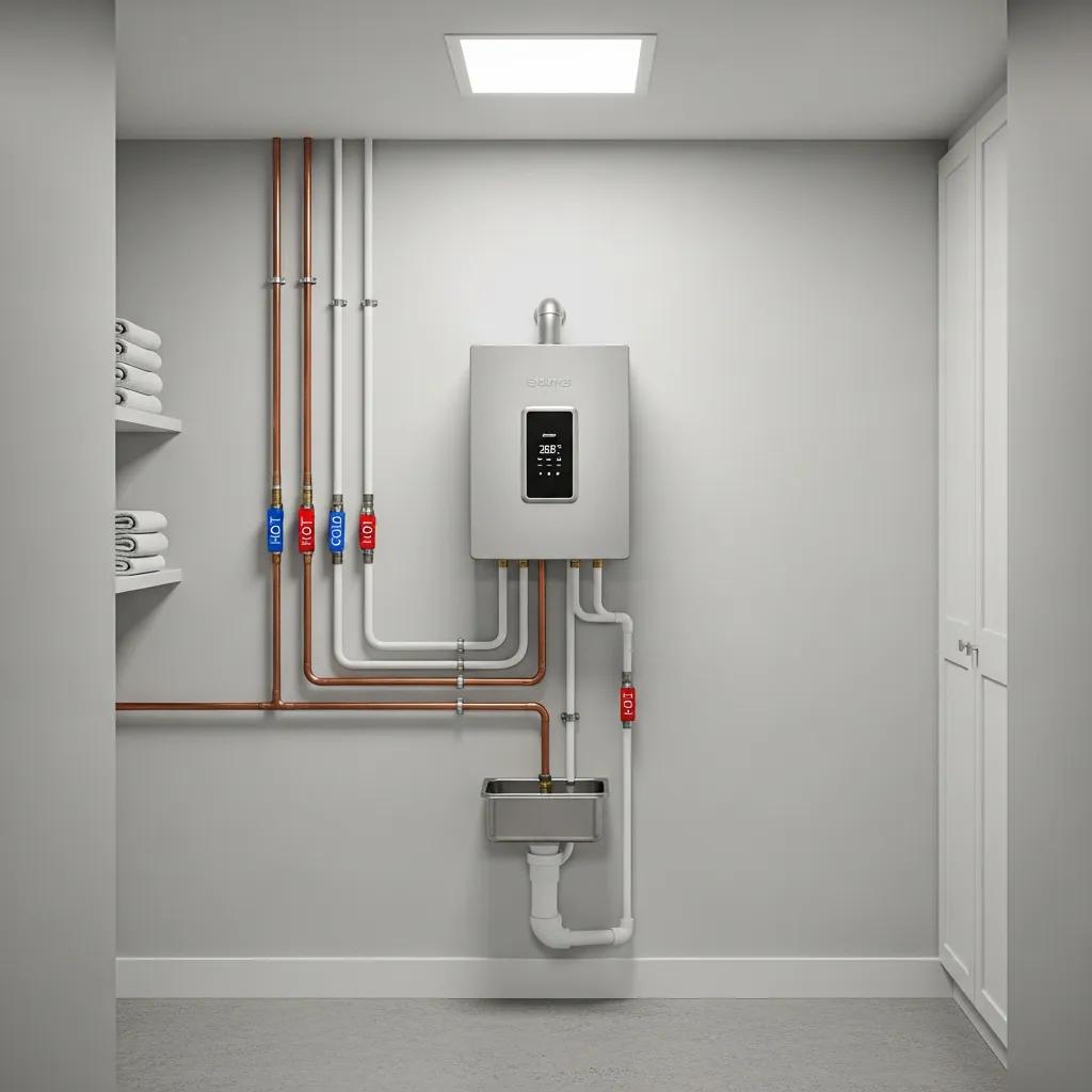 Modern energy-efficient water heater in a clean utility room