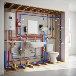 Modern home's plumbing system with pipes and fixtures