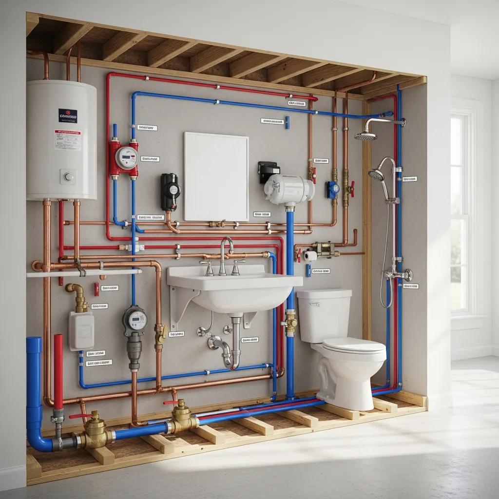 Modern home's plumbing system with pipes and fixtures