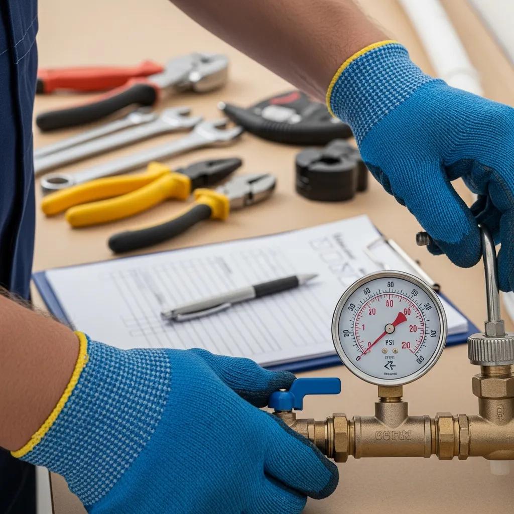 Plumber conducting water pressure test as part of preventive maintenance