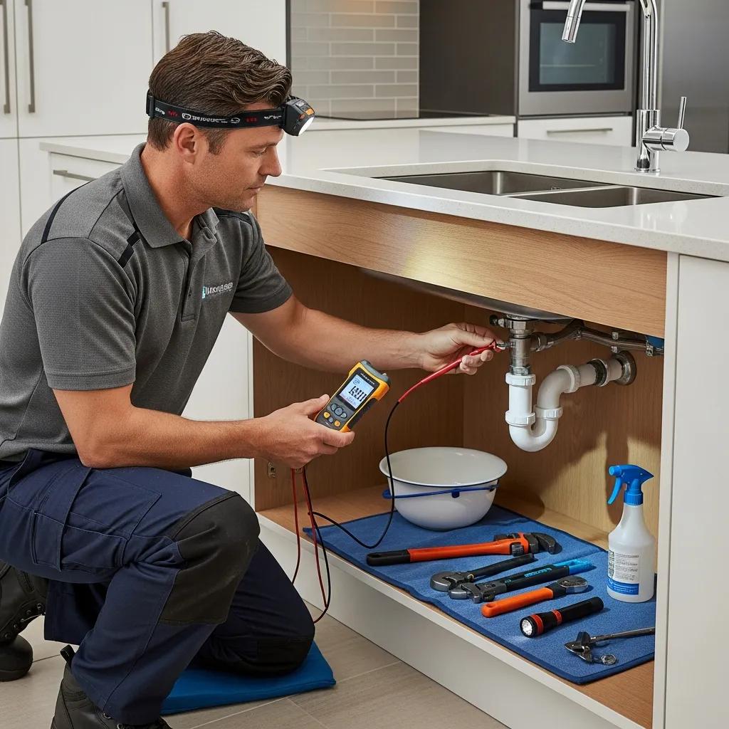 Plumber inspecting plumbing under a sink, demonstrating professional leak detection techniques