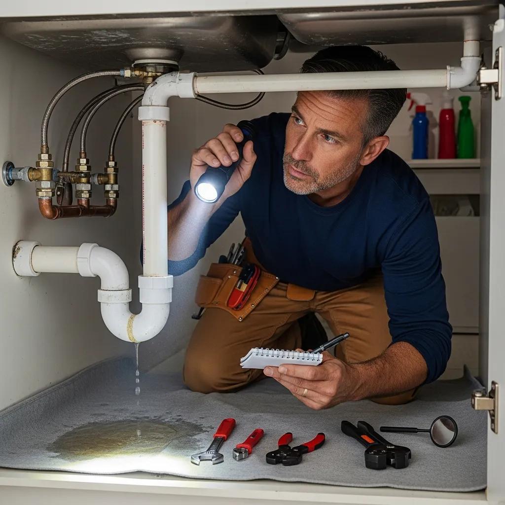 Plumbing inspector examining pipes for potential issues during inspection