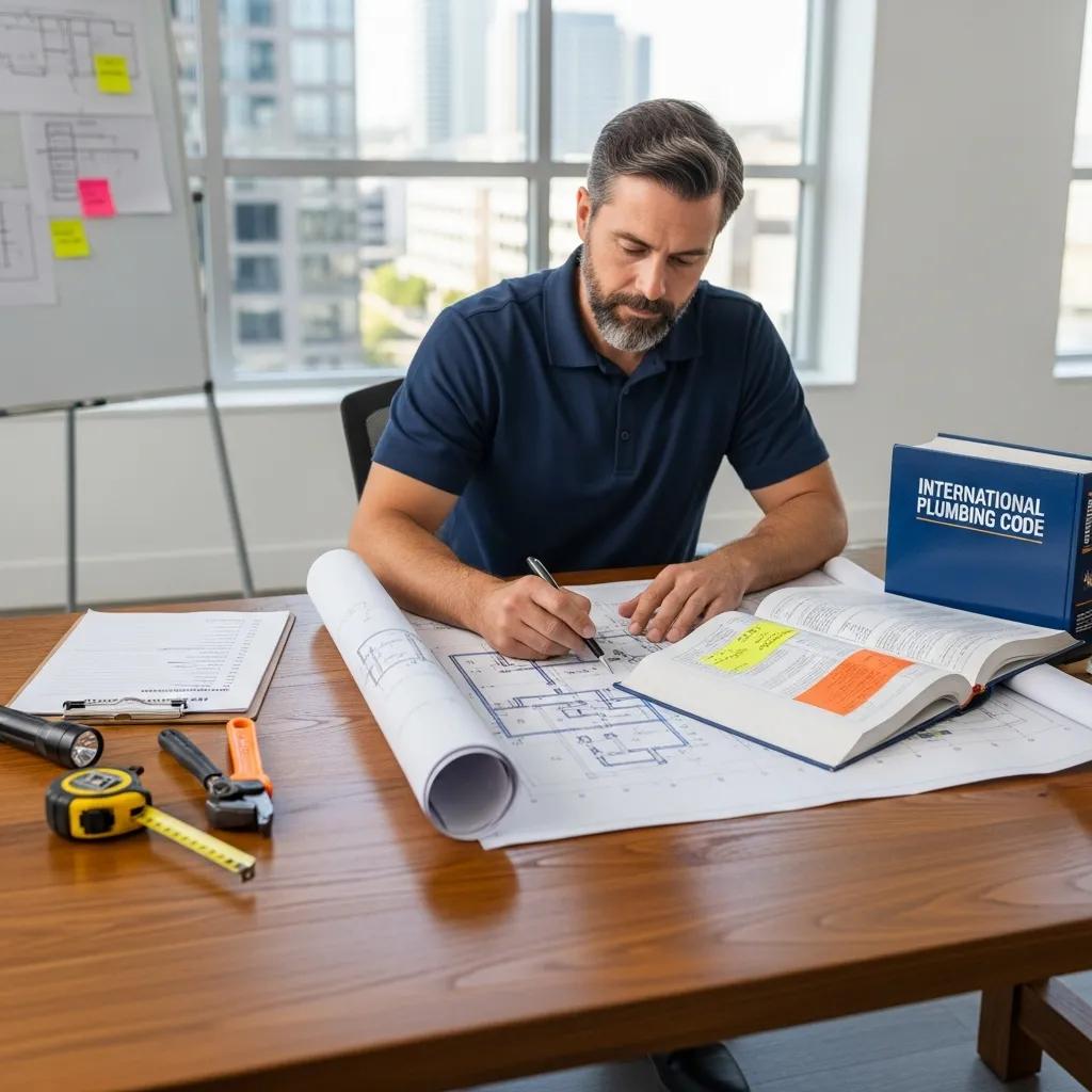 Plumbing inspector reviewing regulations and codes for commercial properties