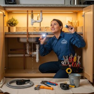 Professional plumber inspecting home plumbing system for maintenance