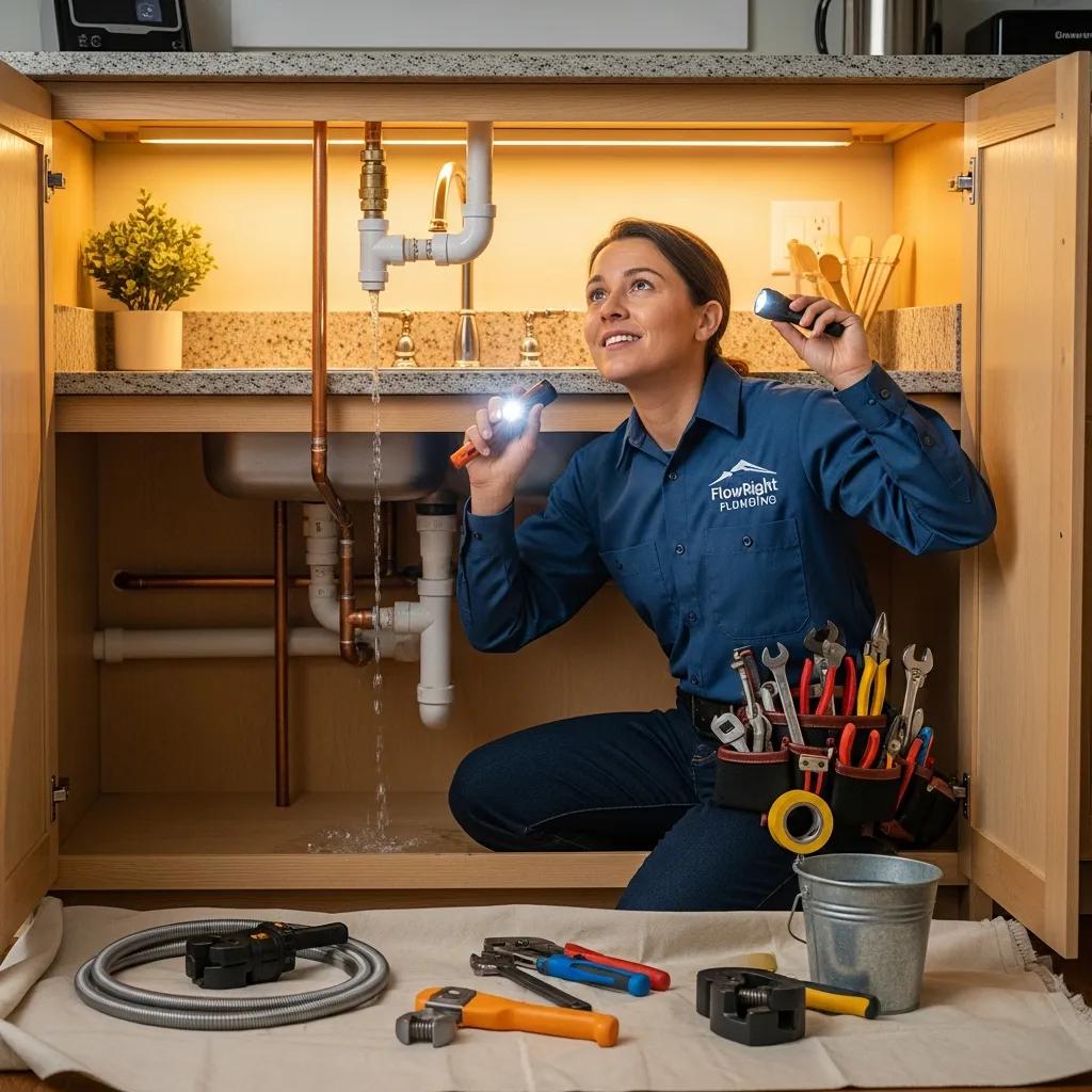 Professional plumber inspecting home plumbing system for maintenance