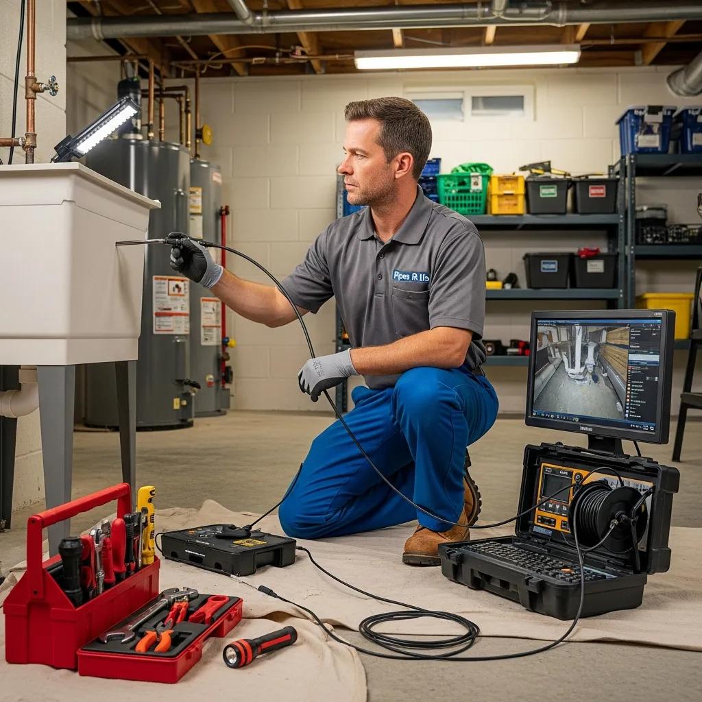 Professional plumber using video inspection camera to examine pipes