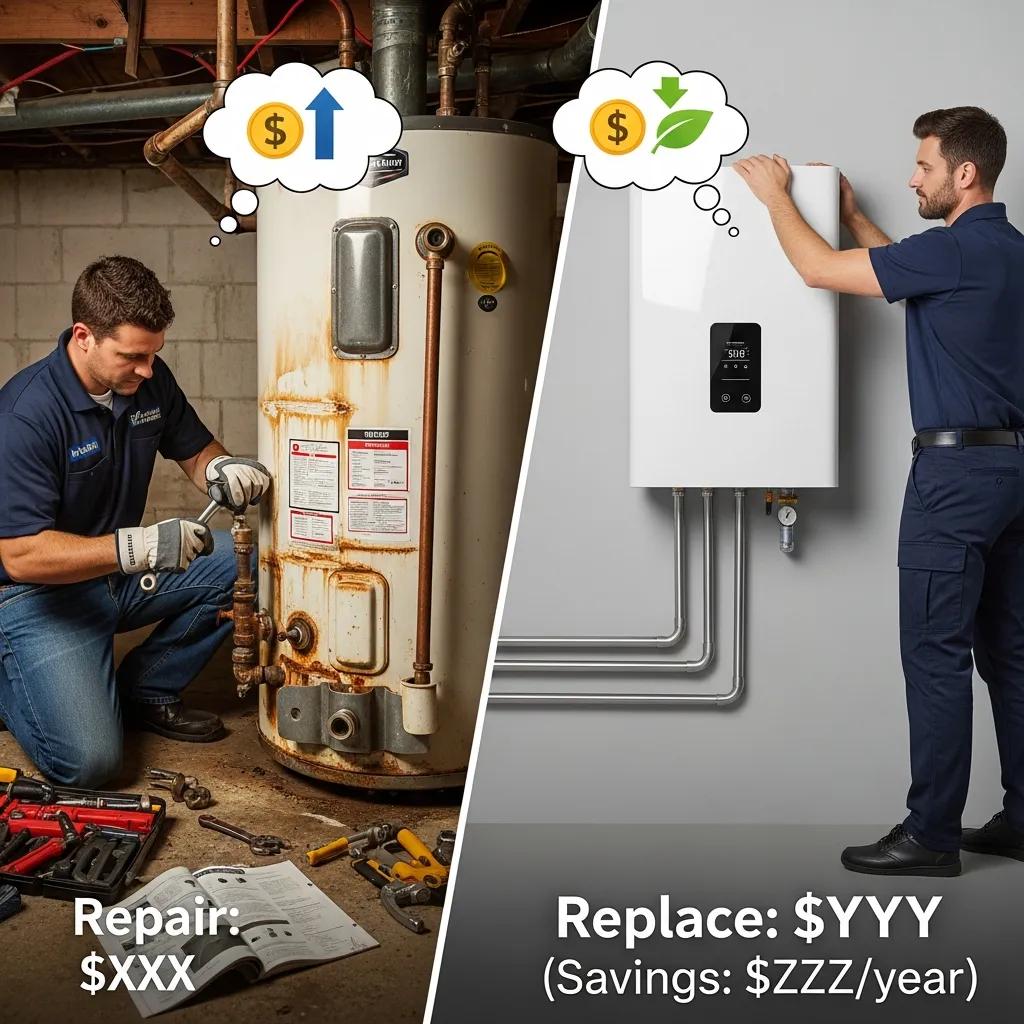 Technician repairing an old water heater versus installing a new model