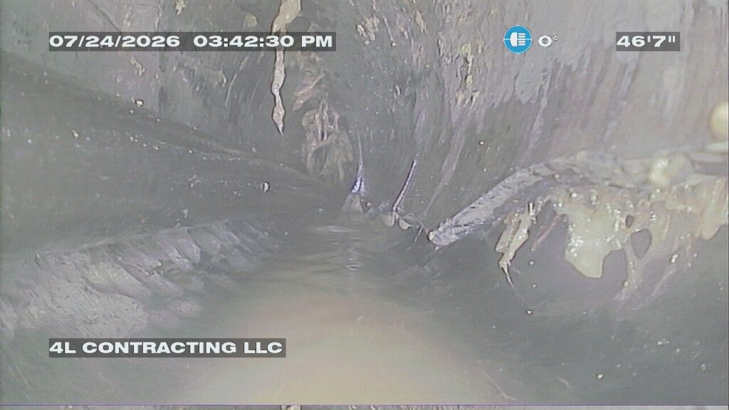 Sewer camera footage showing a large crack in a sewer line
